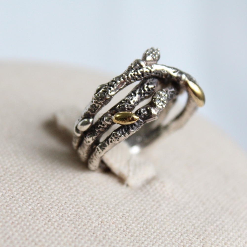 Stephen Dweck Diamonds Sterling Silver & Gold Triple Branch Ring Size 8 - Picture 3 of 11